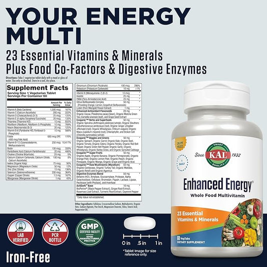 KAL Enhanced Energy Supplements, Once Daily 23 Essential 60-Day Guarantee, 60 Serv, 60 VegTabs