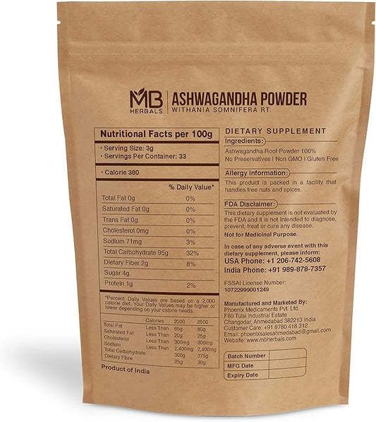 MB Herbals Pure Ashwagandha Powder 100 (3.5 oz)