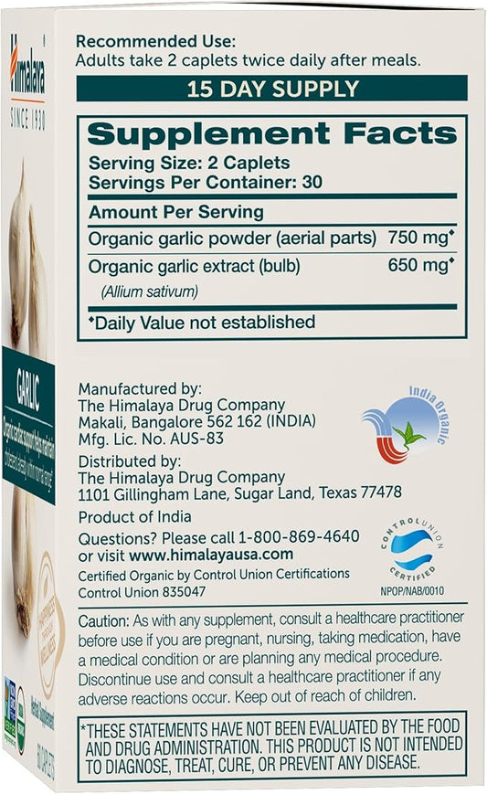 Himalaya Organic Garlic, for Lipid Metabolism 1,400 mg, 60 Caplets, 1 Month