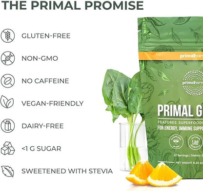 Primal Harvest Super Greens Powder, 30 Servings w/+50 Greens Superfood Chlorella, Probiotics, Green Tea, Wheatgrass, Kale, Turmeric for Energy,Primal Greens