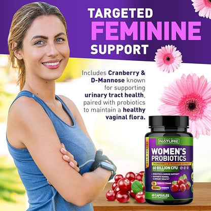 Probiotics for Women - 60 Billion CFUs, 16 Strains, with Cranberry, D-Mannose & Prebiotics - Supports Digestive, Immune, & Vaginal Health - Non-GMO, Dairy & Gluten-Free - 60 Veggie Capsules