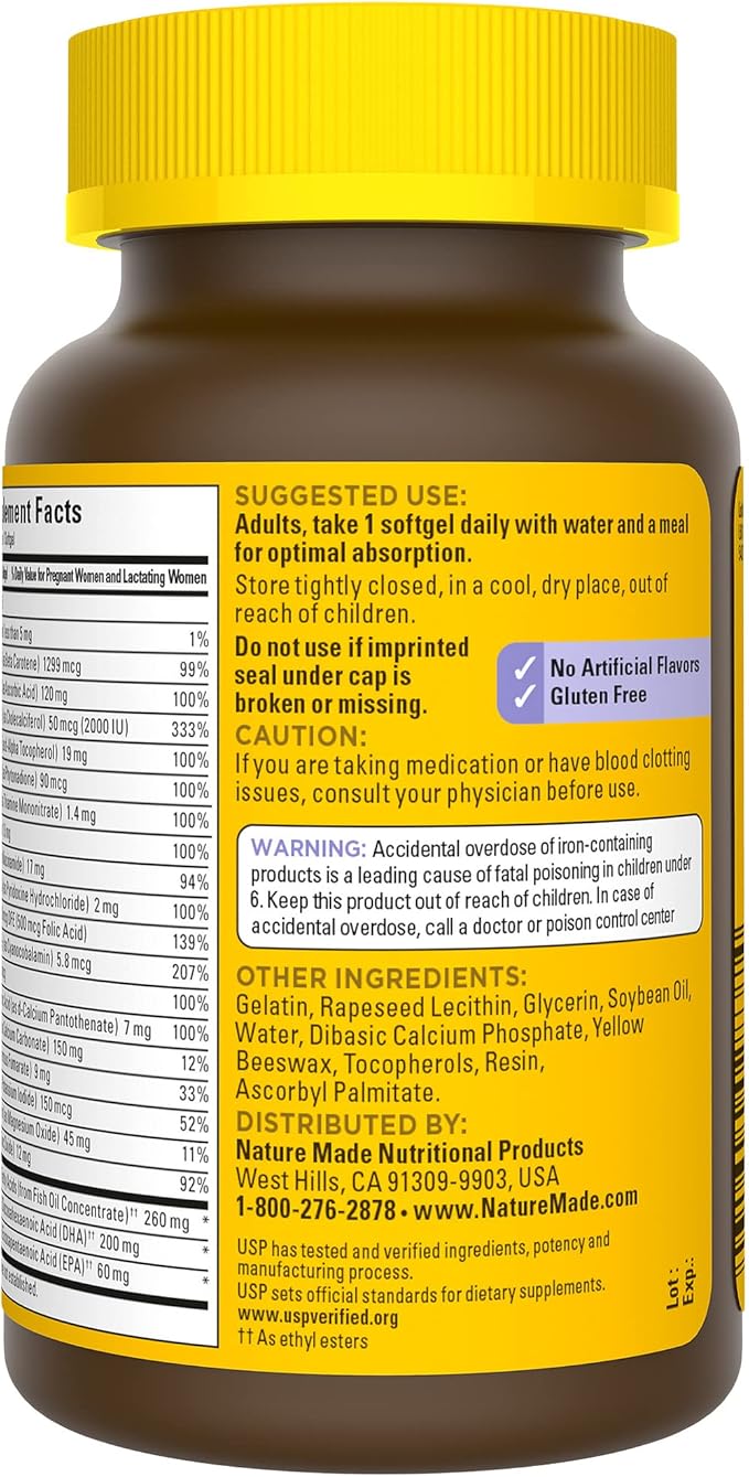 Nature Made Postnatal Multivitamin + DHA 200 mg, D3, Calcium, 60 Softgels