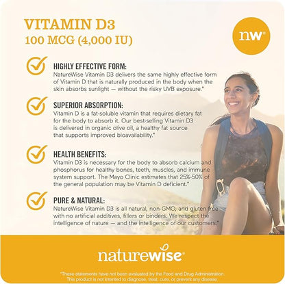 NatureWise Vitamin D3 4000iu (50 mcg) 30-Day Supply for Immune Support, Healthy Muscle Function, and Bone Health - Non-GMO, Gluten Free in Organic Extra Virgin Olive Oil, (Mini Softgel), 30 Count