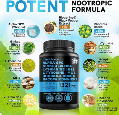 11-in-1 Nootropic Brain Supplements: Memory & Focus Supplement with Ginkgo Biloba, L Theanine, Bioperine, & Alpha GPC Choline - 1321mg, 60ct - Stimulant Free, Vegan - Focus Brain Support (2 pack)