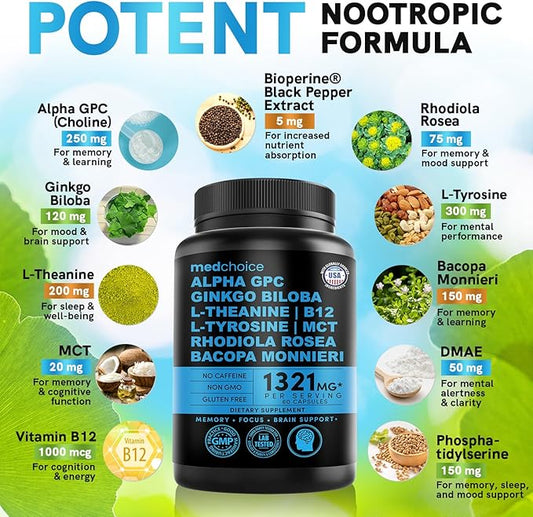 11-in-1 Nootropic Brain Supplements: Memory & Focus Supplement with Ginkgo Biloba, L Theanine, Bioperine, & Alpha GPC Choline - 1321mg, 60ct - Stimulant Free, Vegan - Focus Brain Support (2 pack)