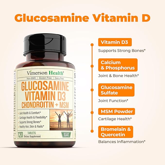 Glucosamine Chondroitin with Vitamin D3, Boswellia, MSM & Bromelain - Joint Health Supplement for Women & Men - Supports Hair, Skin and Nail Health, Strong Bones, and Immune Health. 120 Tablets