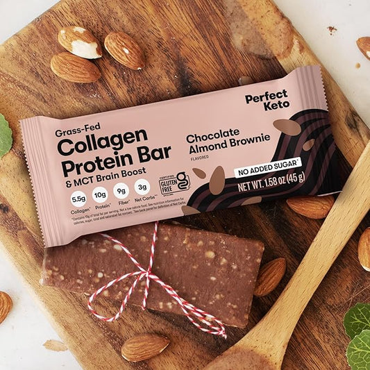Perfect Keto Collagen Protein Bar, Gluten Free with Grass Fed Collagen + MCT Oil, Low Carb, No Sugar Added, High Protein Snacks, Keto Diet Foods, 10g Protein, 19g Fat, 2g Net Carbs, Almond Butter Brownie, 12 Bars
