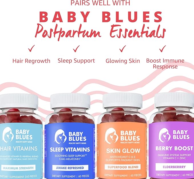 Baby Blues Apple Cider Vinegar Gummies - Vegan, Non-GMO & Gluten-Free, Postpartum Dietary Supplement with Both Vitamin B-6 & B12, 60 Pieces per Bottle