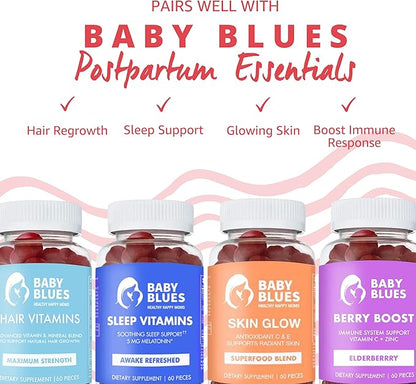 Baby Blues Apple Cider Vinegar Gummies - Vegan, Non-GMO & Gluten-Free, Postpartum Dietary Supplement with Both Vitamin B-6 & B12, 60 Pieces per Bottle