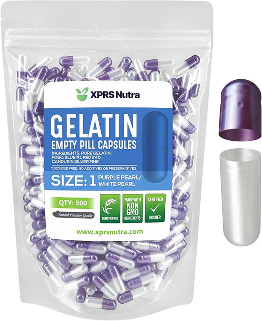XPRS Nutra Size 1 Empty Capsules - 500 Count Empty Gelatin Capsules - Empty Pill Capsules - DIY Capsule Filling - Pure Bovine Pill Capsules Empty Gel Caps (Pearl Purple/White)