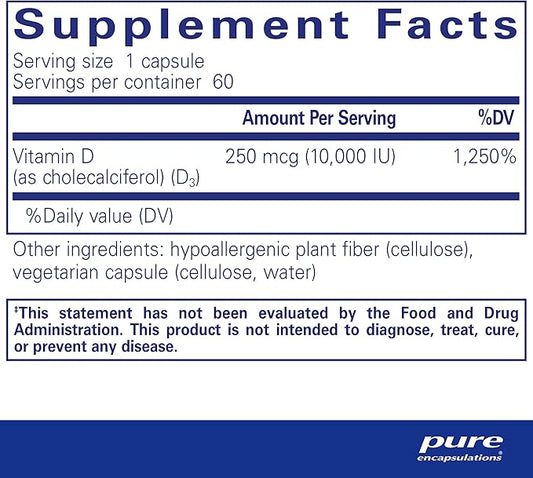 Pure Encapsulations Vitamin D3 250 mcg (10,000 IU) 60 Capsules