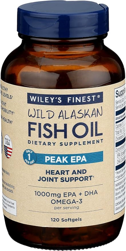 Wiley's Finest Wild Alaskan Fish Oil Peak EPA - Triple Strength Peak EPA and DHA - 1000mg Omega-3s, SQF-Certified - 120 Softgels (120 Servings)
