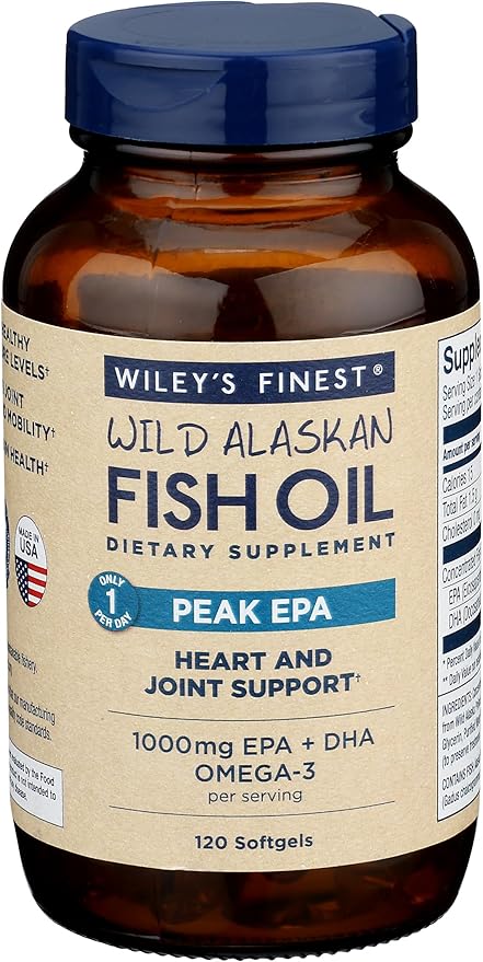 Wiley's Finest Wild Alaskan Fish Oil Peak EPA - Triple Strength Peak EPA and DHA - 1000mg Omega-3s, SQF-Certified - 120 Softgels (120 Servings)