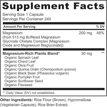 NATURELO Magnesium Glycinate Supplement - 200 mg Glycinate Chelate with Organic Vegetables to Support Sleep, Calm, Muscle Cramp & Stress Relief – Gluten Free, Non GMO - 240 Capsules