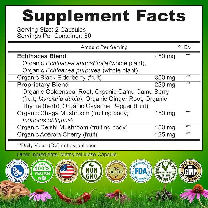 Echinacea Goldenseal Capsules 10 in 1 Immune 1455mg - 2 Month