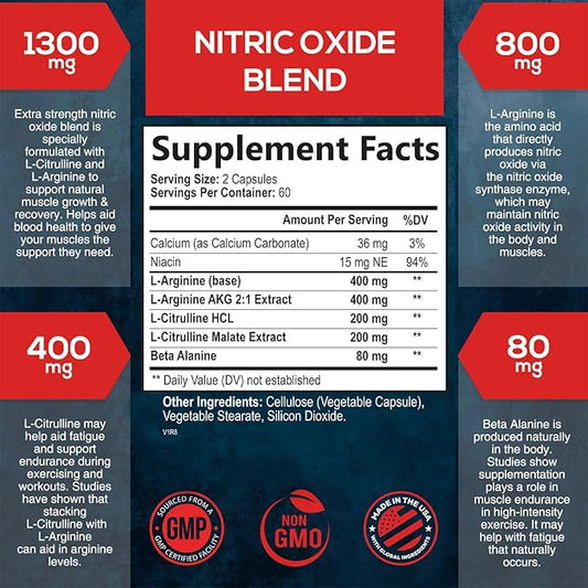 Extra Strength Nitric Oxide Supplement L Arginine 3X Strength - Citrulline Malate, AAKG, Beta Alanine - Premium Muscle Supporting Nitric Booster for Strength & Energy to Train Harder - 120 Capsules