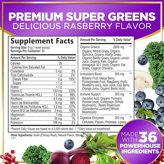 Greens Superfood Powder - Super Greens Powder Mix with Digestive Enzymes, Antioxidants, Spirulina & Chlorella for Energy Support, 20+ Amazing Superfoods & Greens Blend, Vegan, Non-GMO - 30 Servings