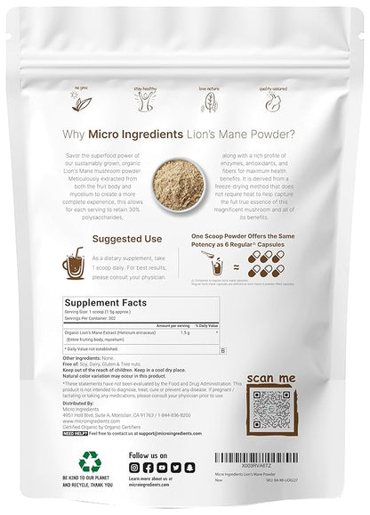 Micro Ingredients Organic Lions Mane Mushroom 16 Ounce