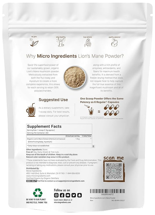 Micro Ingredients Organic Lions Mane Mushroom 16 Ounce