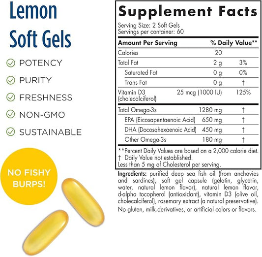 Nordic Naturals ProOmega-D, Lemon Flavor 120 Soft 1280 mg Omega-3 + 1000 IU D3 - 60 Servings