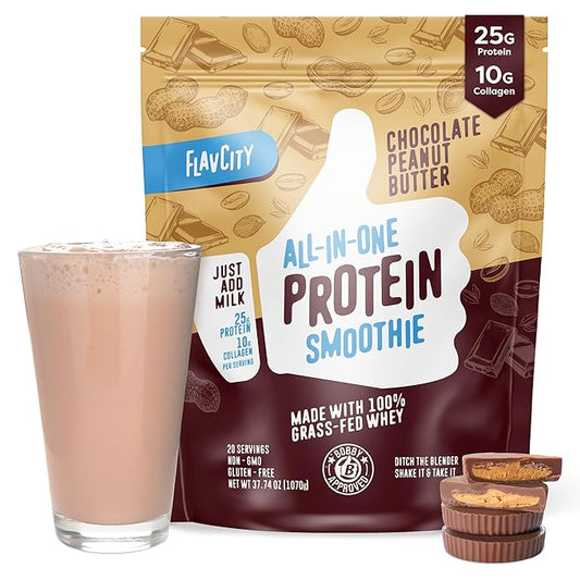 FlavCity Protein Powder Smoothie, Chocolate Peanut Butter 100% Grass-Fed (25g of (37.74 oz)