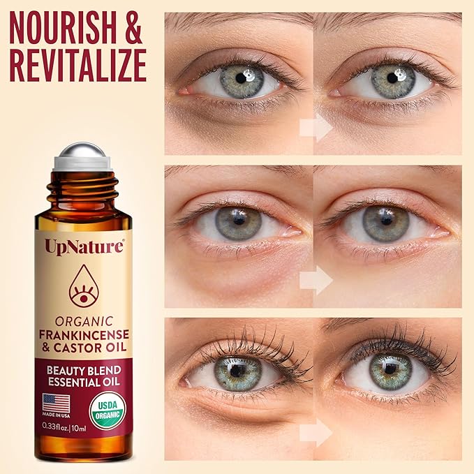 UpNature Beauty Essential Oil Blend Roll On - 100% Organic Castor Oil & Frankincense for Face Under Eye Roller Ball Rollerball