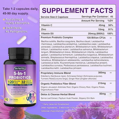Probiotics for Women & Men Digestive Health，120 Billion CFUs, Prebiotics and Probiotics for Gut Health, D3, Zinc & Immune Support Herbs, Detox Cleanse, 45 Day - 3 Month Supply