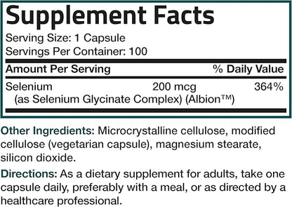 Bronson Selenium 200 mcg – Yeast Free Chelated Amino Acid Complex - Essential Trace Mineral with Superior Absorption, 100 Vegetarian Capsules