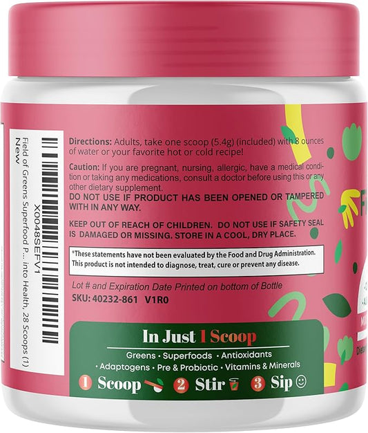 Field of Greens Superfood Powder with Organic Spirulina, Chlorella, Beet Root Powder - Bacillus Coagulans Probiotic, A Plant-Based Mix Supporting Gut Health, Immunity, 28 Scoops - Mixed Berry