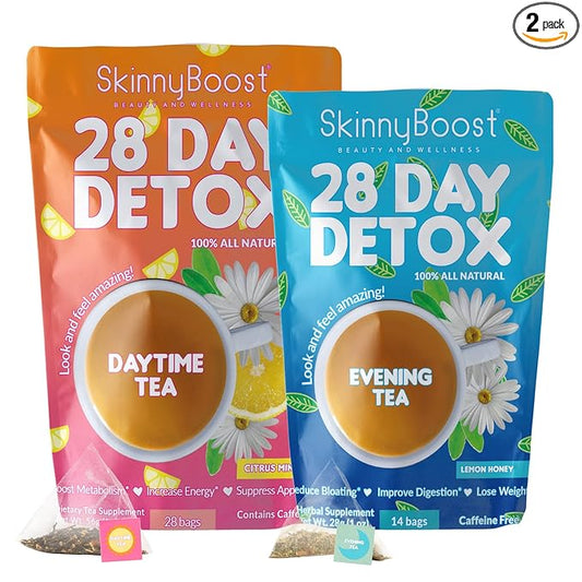 Skinny Boost Detox Tea Kit- 2 PACK –1 Daytime (28 Bags) + 1 Evening -(14 Bags) – Herbal Detox for Weight, Metabolism, Energy, Bloating & Colon Cleanse – Green Tea, Vegan, Keto, Non-GMO, Sugar-Free