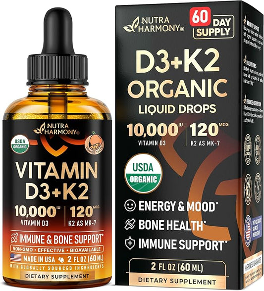 Vitamin D3 K2 USDA Organic Drops - Vitamin D3 10000 IU & K2 as MK-7 120mcg - Immune & Mood Support, Bone & Teeth Health - Sugar-Free Orange Flavor - Liquid Supplement - Made in USA - 2 FL OZ, 60 Days