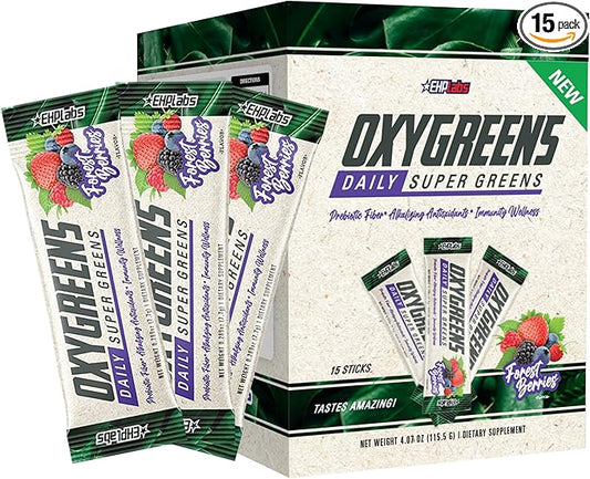 EHP Labs OxyGreens On The Go Greens Powder Stick Packs (15 Count) - Greens Packets - Spirulina & Chlorella Superfood, Sugar Free Green Juice Powder, Antioxidants & Immunity Support (Forest Berries)