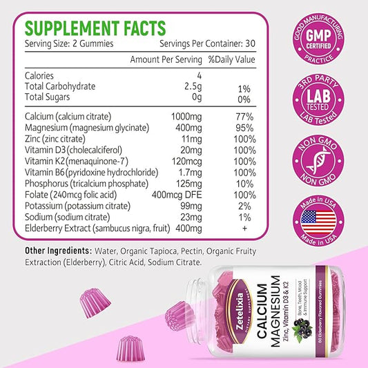 Sugar Free Calcium Gummies for Women D3 & K2, Calcium 60 Count