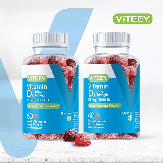 Vitamin D3 Gummies for Adults & Teens - 5,000 IU, 125mcg, Ultra Strength - Joint & Muscle Health, Immune Boost - Chewable Vitamin D Gummies - Vegetarian, Gelatin Free - Tasty Berry Flavored Gummy