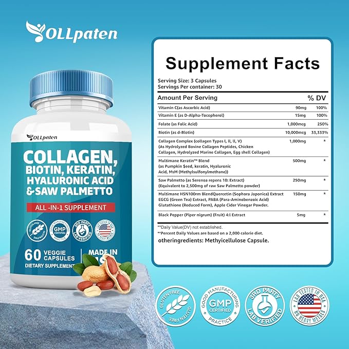 Collagen Pills 1000mg Biotin 10000mcg Keratin 2500mg Hyaluronic 60 Capsules