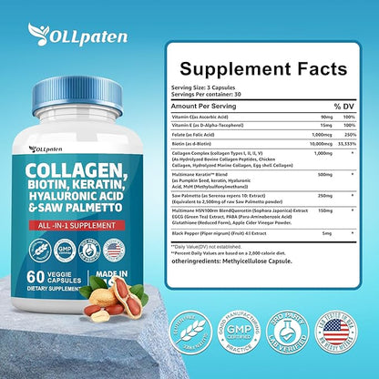 Collagen Pills 1000mg Biotin 10000mcg Keratin 2500mg Hyaluronic 60 Capsules