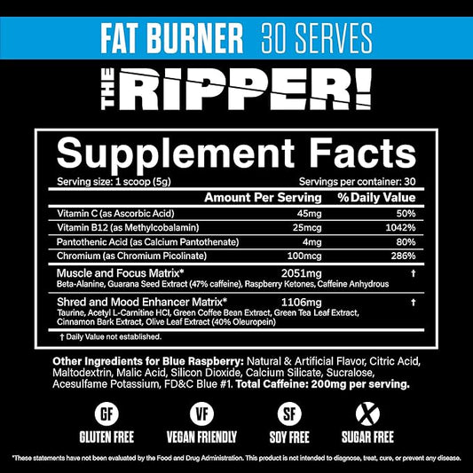JNX SPORTS The Ripper! Shredding Thermogenic Fat Burner - Blue Raspberry 30 Servings | Advanced Fast Acting Thermogenic Pre-Workout, Appetite Suppressant for Men & Women