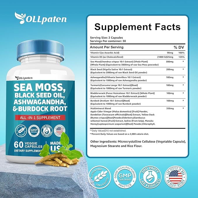 Sea Moss 3000mg Ashwagandha 1000mg Black 2000mg Turmeric 1000mg Burdock 1000mg Bladderwrack 1000mg & D3 Elderberry 60 Capsules