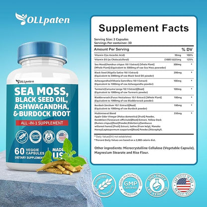 Sea Moss 3000mg Ashwagandha 1000mg Black 2000mg Turmeric 1000mg Burdock 1000mg Bladderwrack 1000mg & D3 Elderberry 60 Capsules