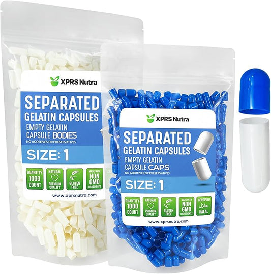 XPRS Nutra Size 1 Gelatin Separated Capsules- 1000 Count Empty Pill Capsules Separated in Bags- Empty Capsules - Separated Empty Capsules - Pill Capsules Empty for DIY Supplement Filling (Blue/White)