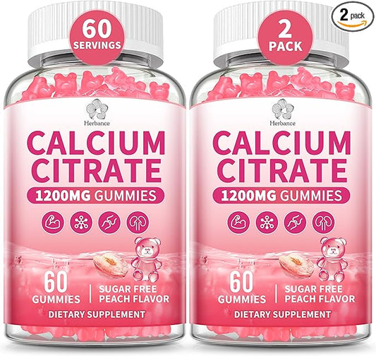 Calcium Citrate Gummies 1200 mg for Adults, High Absorption Pure Calcium Supplement for Women & Men, Sugar Free, Non-GMO, Gluten Free, Supports Muscle & Immune - Natural Peach Flavor, 120 Gummies