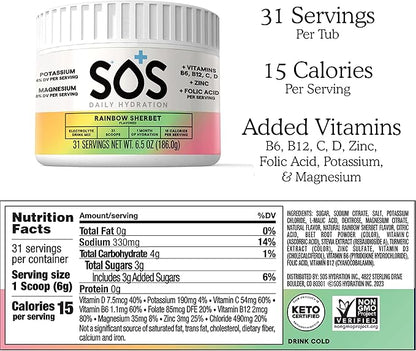 SOS Hydration Electrolyte Powder, Rainbow Sherbert Flavor, 31 Servings – Low-Calorie, Zero Sugar, Rapid Rehydration, Made in USA, Keto & Vegan Friendly