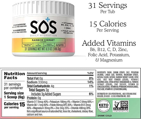 SOS Hydration Electrolyte Powder, Rainbow Sherbert Flavor, 31 Servings – Low-Calorie, Zero Sugar, Rapid Rehydration, Made in USA, Keto & Vegan Friendly