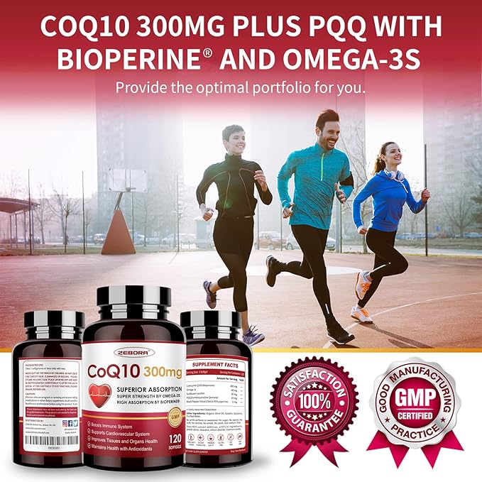 ZEBORA CoQ10-300mg-Softgels with PQQ, BioPerine & Omega-3, 120 120 Servings Q10 (Ubiquinone)