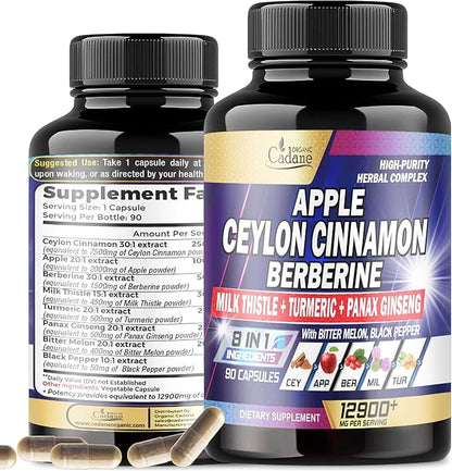 Organic Cadane Ceylon Cinnamon 7500mg Berberine 1500mg Apple 2000mg - 90 Vegan 8 Herbs 3 Month