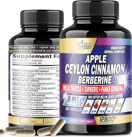 Organic Cadane Ceylon Cinnamon 7500mg Berberine 1500mg Apple 2000mg - 90 Vegan 8 Herbs 3 Month