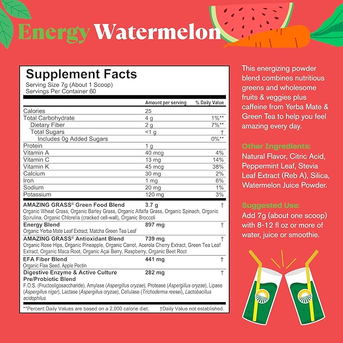 Amazing Grass Greens Superfood Energy: Greens Powder with Plant Based Caffeine, Matcha Green Tea & Beet Root Powder, Watermelon, 60 Servings (Packaging May Vary)