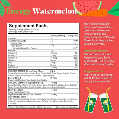 Amazing Grass Greens Superfood Energy: Greens Powder with Plant Based Caffeine, Matcha Green Tea & Beet Root Powder, Watermelon, 60 Servings (Packaging May Vary)