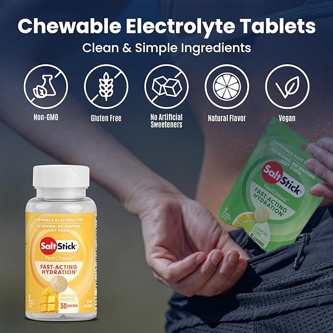 SaltStick Electrolyte FastChews - Tropical Mango Chewable Electrolyte Tablets - Salt Tablets for Runners, Electrolyte Chews for Hydration - 60 Count