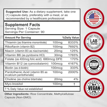 Divine Bounty Super B Complex Vitamins B12, B1, B1, B2, B2, B3, B3, B5, B5, B6, B6, B7, B7, B9, B9, Folic 90 Vegetarian